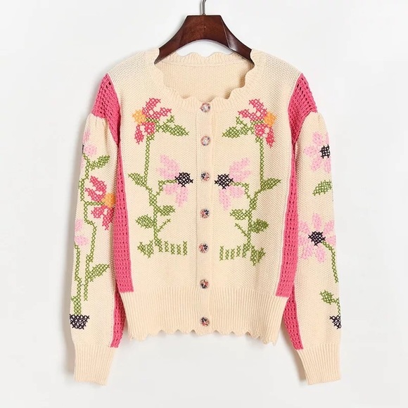Sweater cardigan crochet knit floral cream pink womens top - Picture 9 of 10